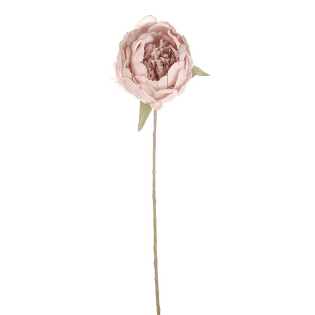 Single artificial Romance Peony Pink flower with a long stem and two small green leaves on white background.