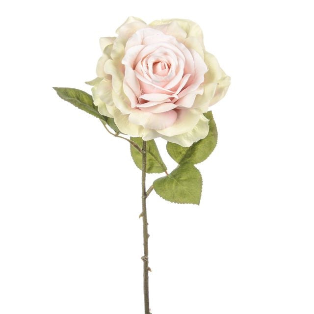 Single Dawn Rose Pink artificial flower with pale pink petals and green leaves on a 45cm stem.