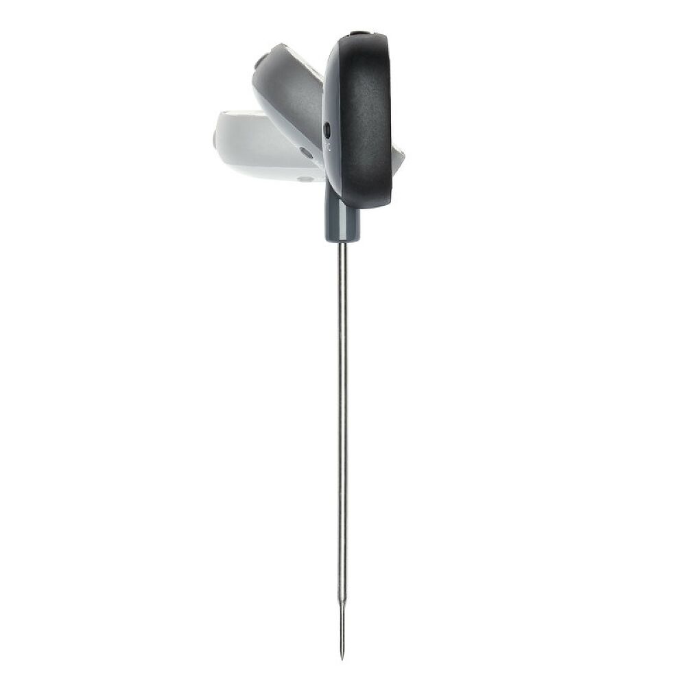 Oxo thermometer with a foldable digital display and long metal probe on white background.