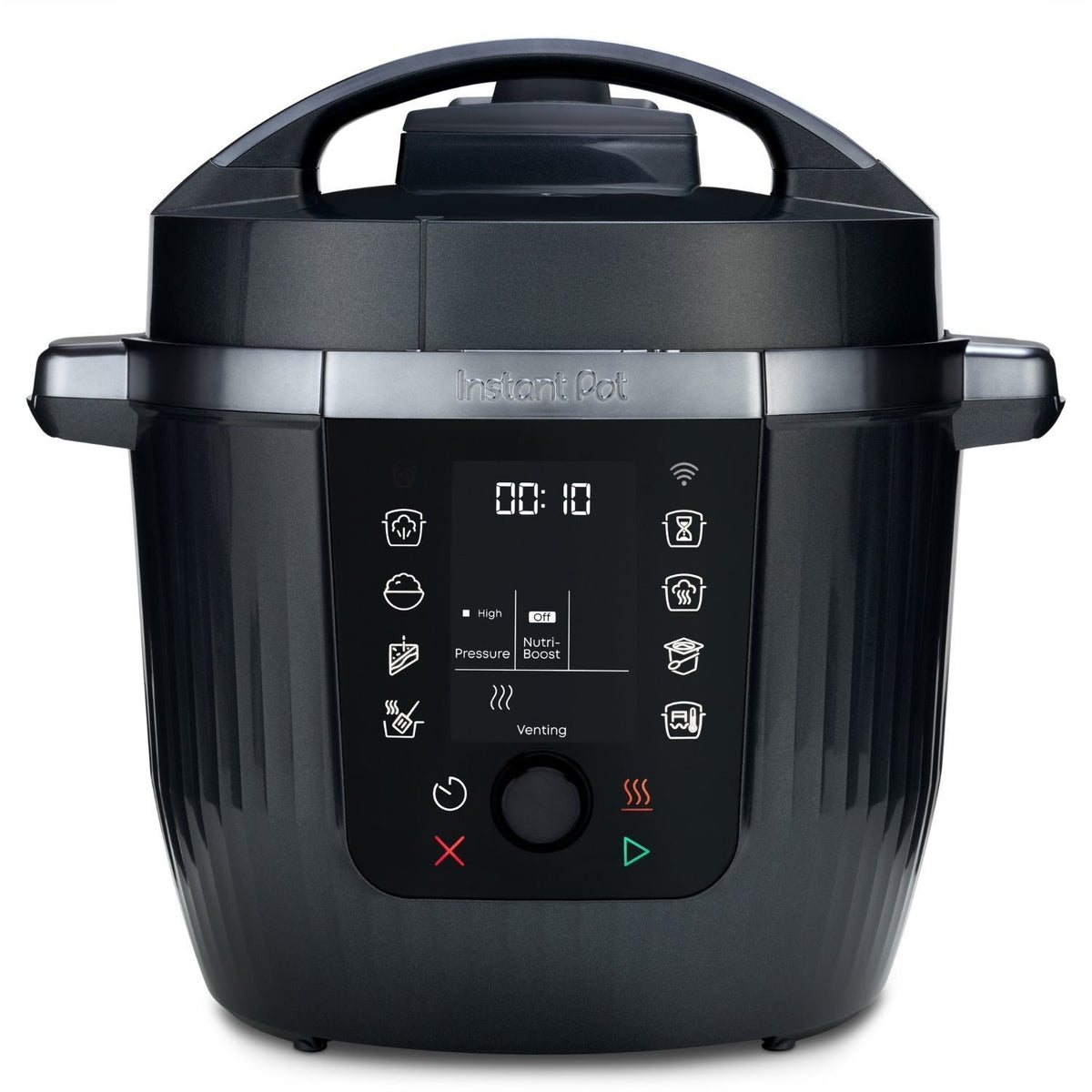 Instant Pot Pro Wifi 5.7L multicooker in black with digital display and control panel showing cooking icons.
