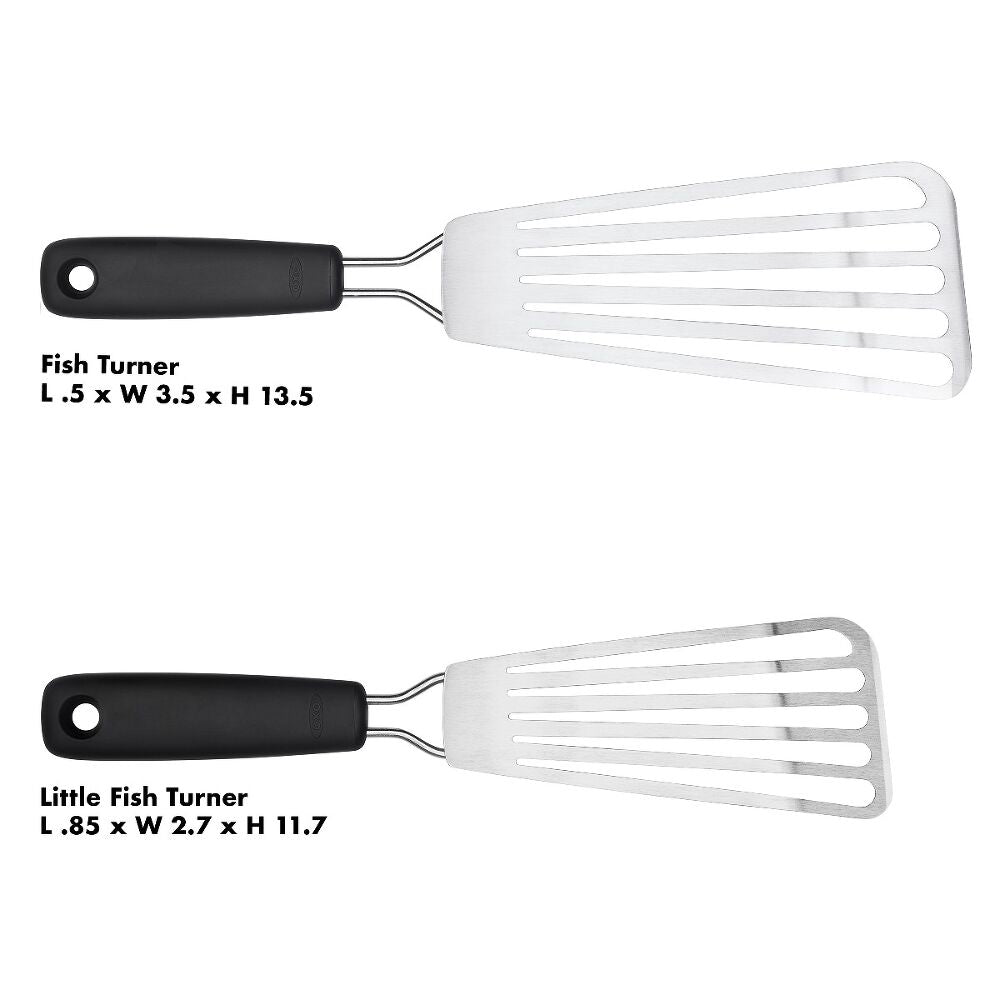 Oxo Little Fish Turner with black handle and slotted stainless steel head, shown alongside larger fish turner.