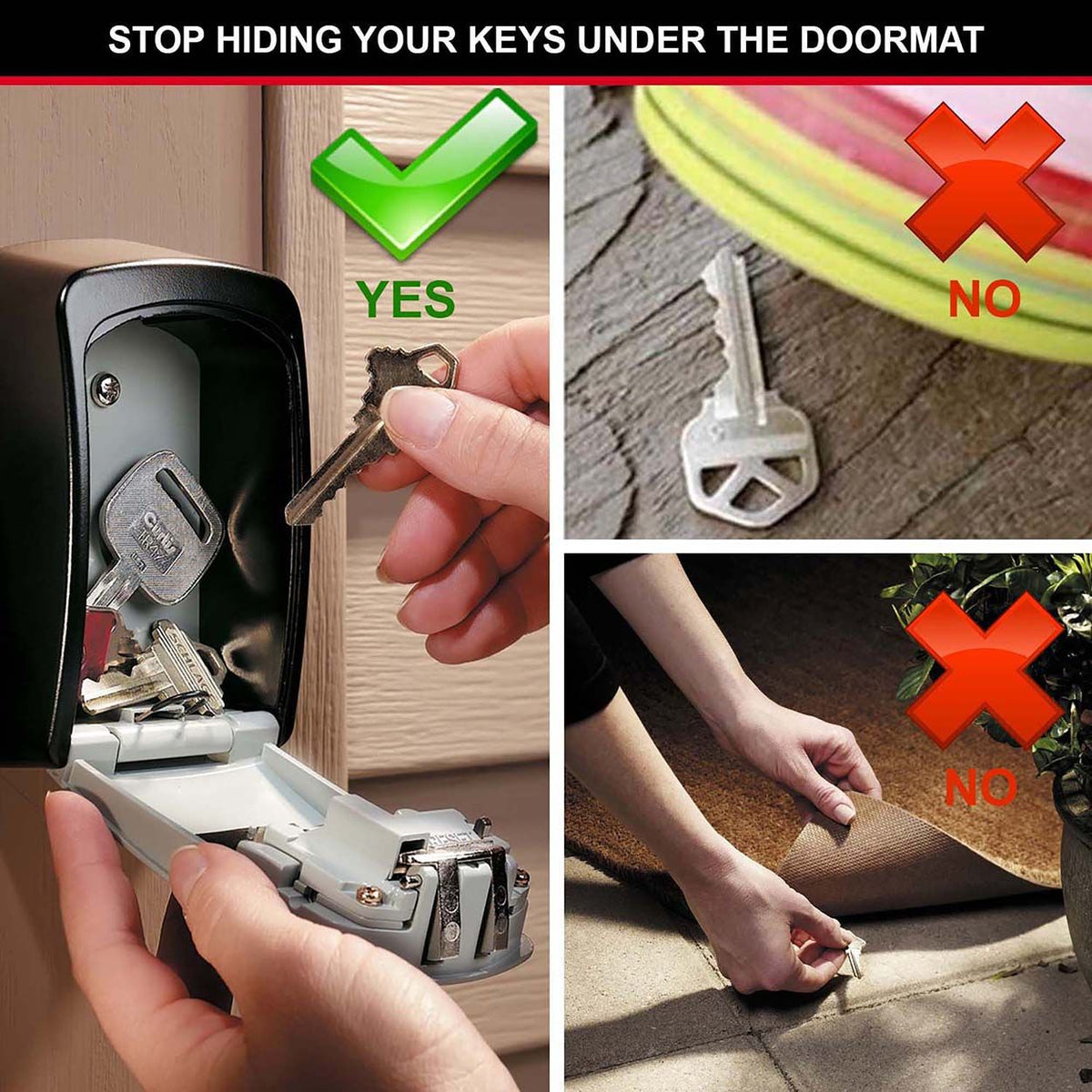 Master Lock Large Key Box mounted on wall with hand placing key inside, plus doormat and key examples.