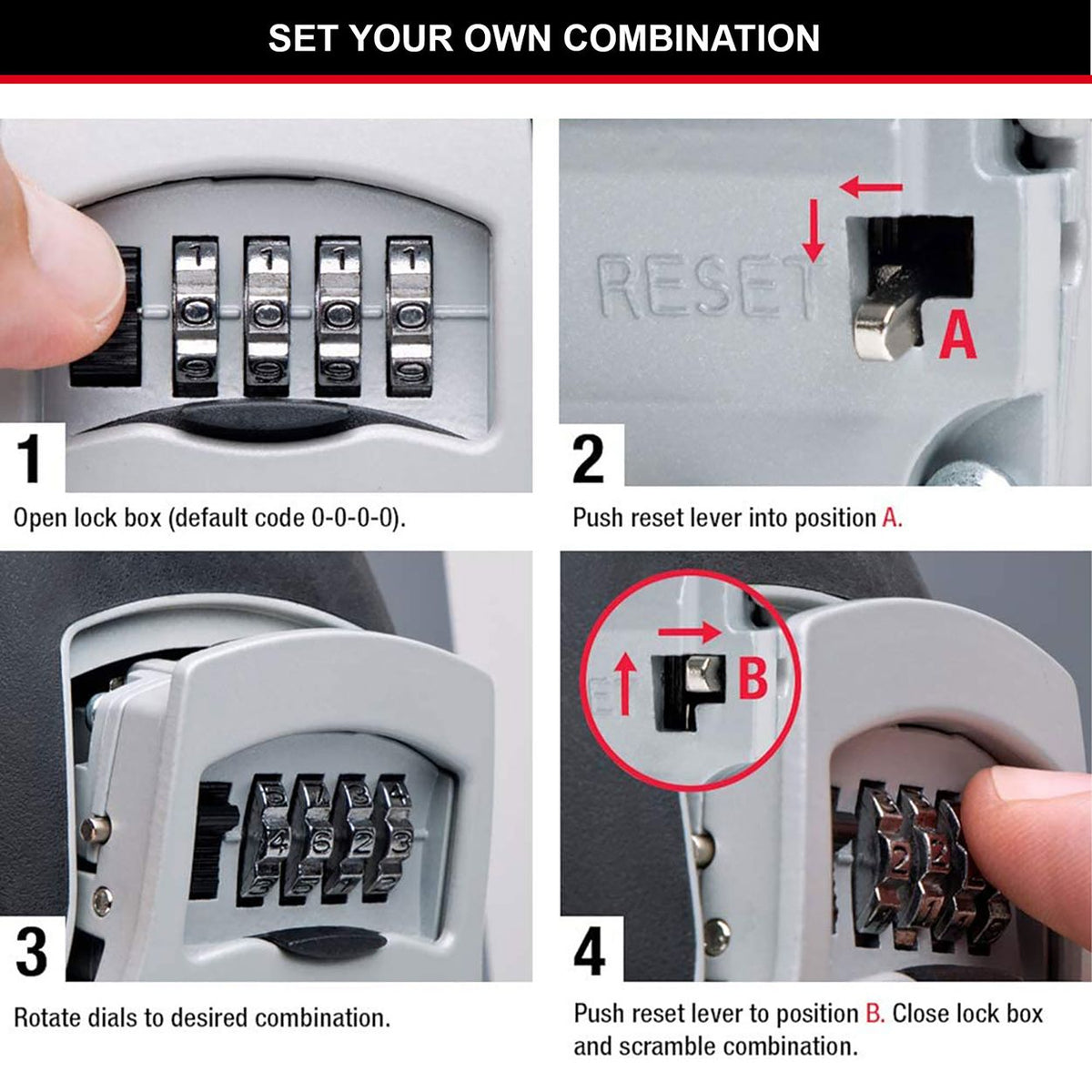 Master Lock Large Key Box close-ups showing combination dials and reset lever positions A and B for setting code.