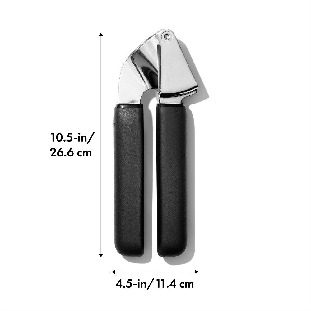 Oxo Garlic Press with black handles and stainless steel pressing head, shown with size dimensions.