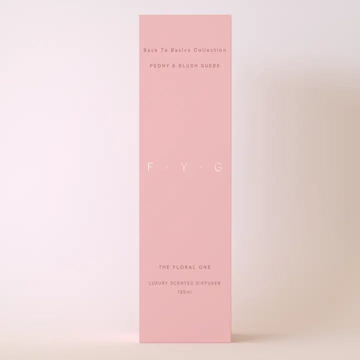 Tall pink rectangular box packaging for Peony & Blush Suede Diffuser F.Y.G, 125ml luxury scented diffuser.