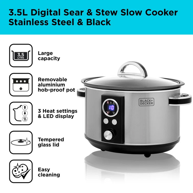 Black & Decker 3.5L Digital Slow Cooker with programmable timer, black finish – available at Keans Claremorris