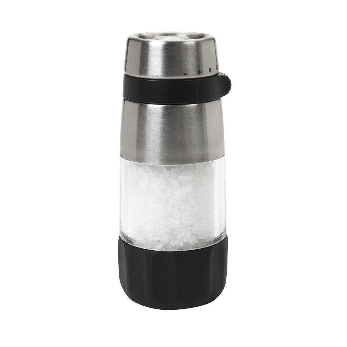 Close-up of Oxo Good Grips Mess-Free Salt Grinder showing stainless steel top, clear salt container, and black grip.