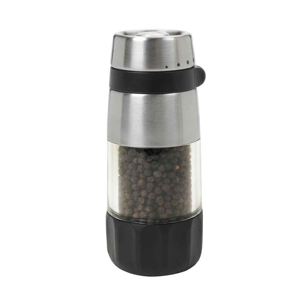 Oxo Pepper Grinder with stainless steel top, clear middle filled with black peppercorns, and black grip base.