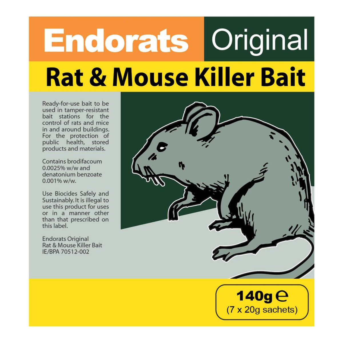 Endorats Rat & Mouse Killer Bait 140g, ready-to-use, 7 sachets for rodent control, available at Keans Claremorris.