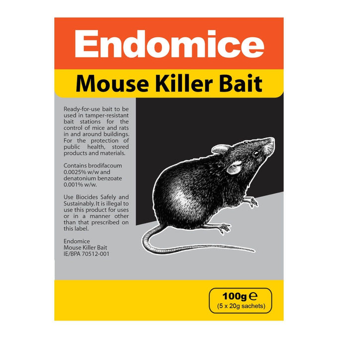 Endomice Mouse Killer Bait 5x20g sachets, blue-purple-white, effective rodent control, available at Keans Claremorris.