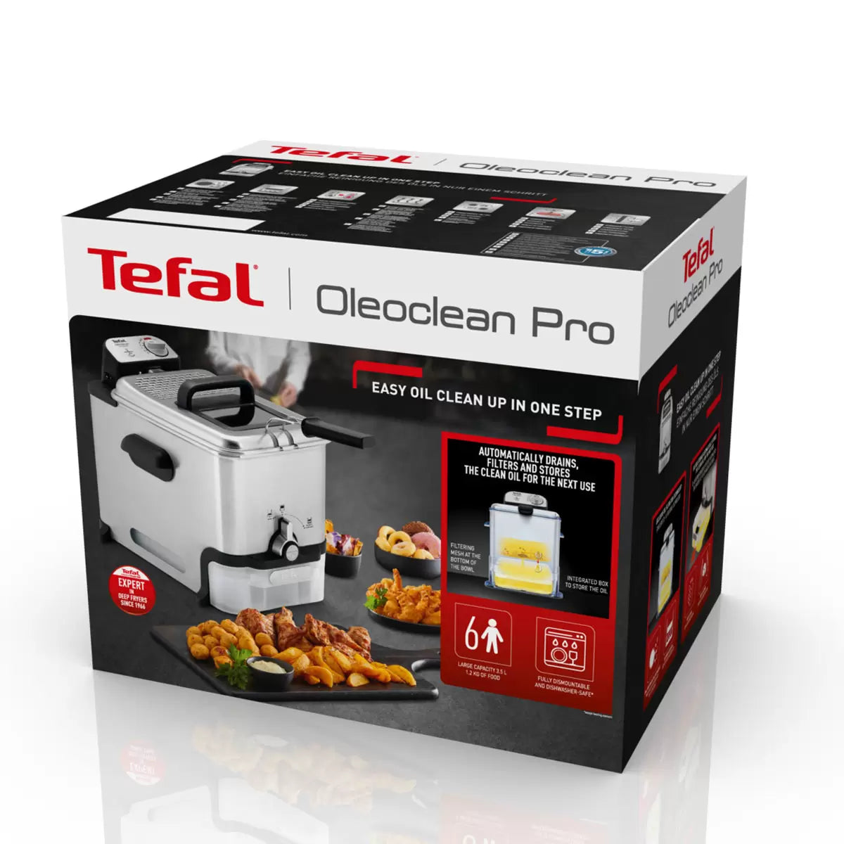 Tefal Oleoclean Pro 3.5L Professional Deep Fat Fryer FR804140, efficient oil filtration, available at Keans Claremorris