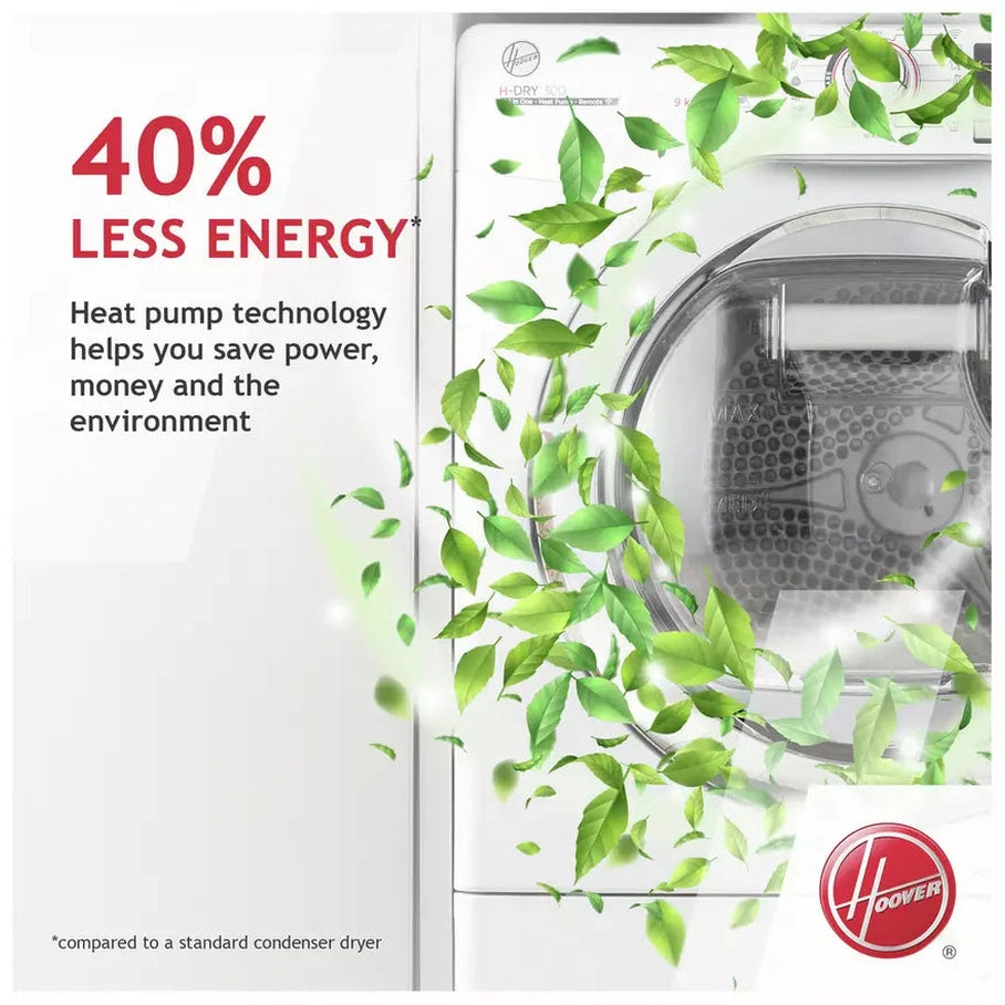 Hoover 8kg heat pump dryer front with green leaves symbolizing energy savings and eco-friendliness.