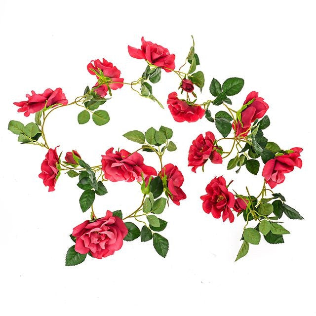 Red rose garland with green leaves arranged loosely on a white background, 185 cm long.