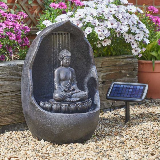 Buddha hybrid solar dual power water feature, hand-painted resin, auto solar/battery switch, perfect for garden - Keans