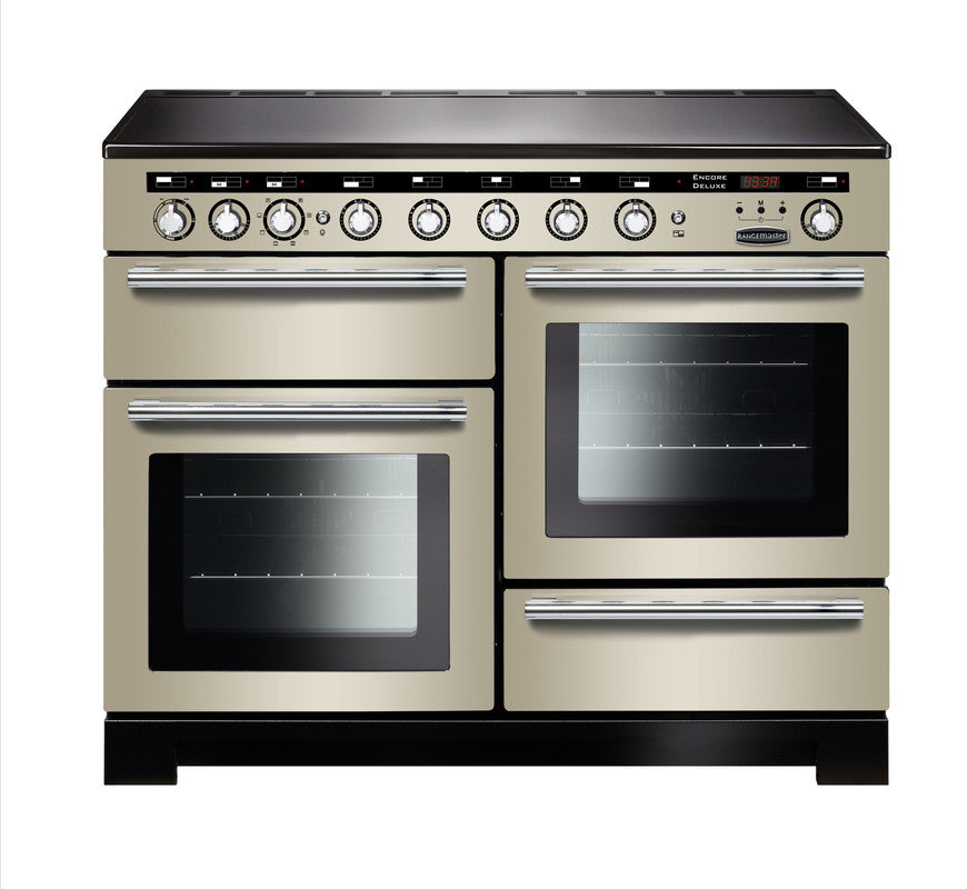Rangemaster Encore Deluxe 110 induction range cooker in ivory with chrome handles and dual ovens visible front view.