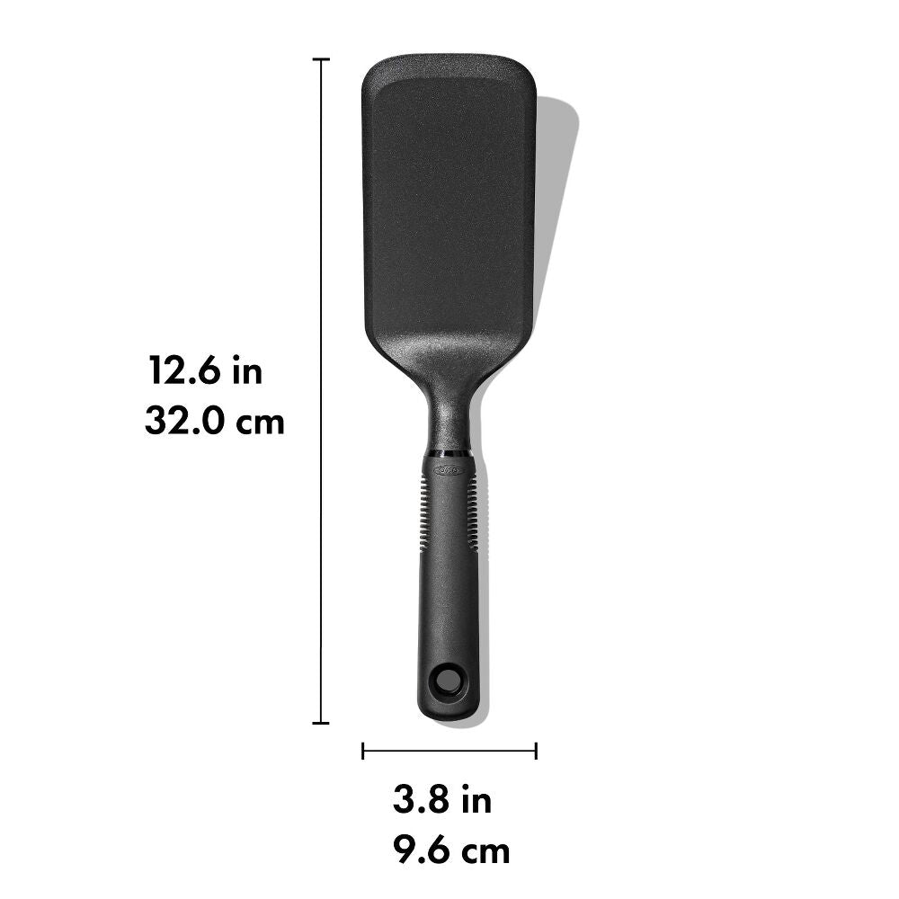 Black Oxo Nylon Lasagne Turner with measurements showing 12.6 inches long and 3.8 inches wide