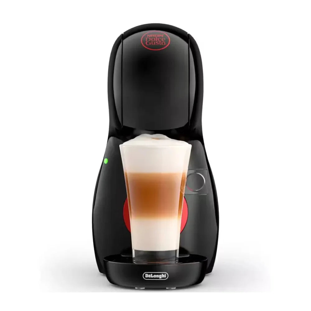 DeLonghi Piccolo XS Nescafe Dolce Gusto black coffee machine with a layered latte in a glass cup