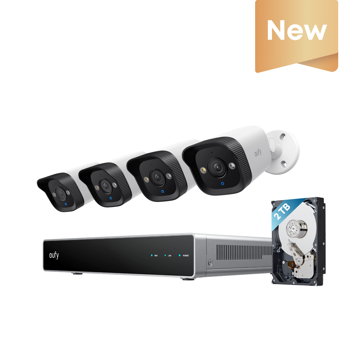 Eufy NVR Security System E40 with four white bullet cameras, a silver NVR box, and a 2TB hard drive.