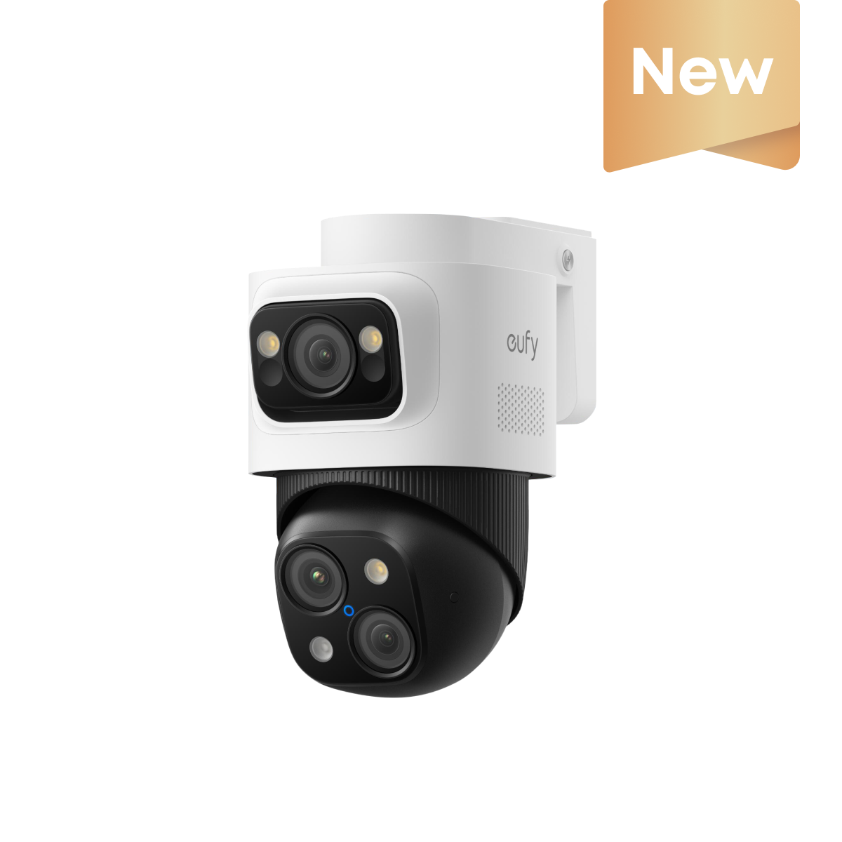 White and black eufy POE Cam S4 Bullet-PTZ security camera with dual-lens and mounting bracket, shown front angle.