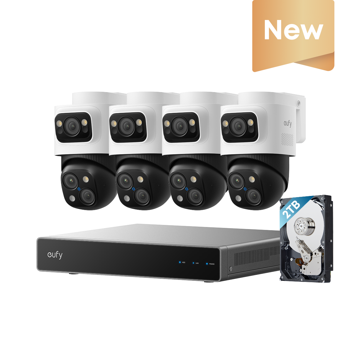 Four white and black eufy S4 Max PTZ security cameras, a black eufy NVR, and a 2TB hard drive.