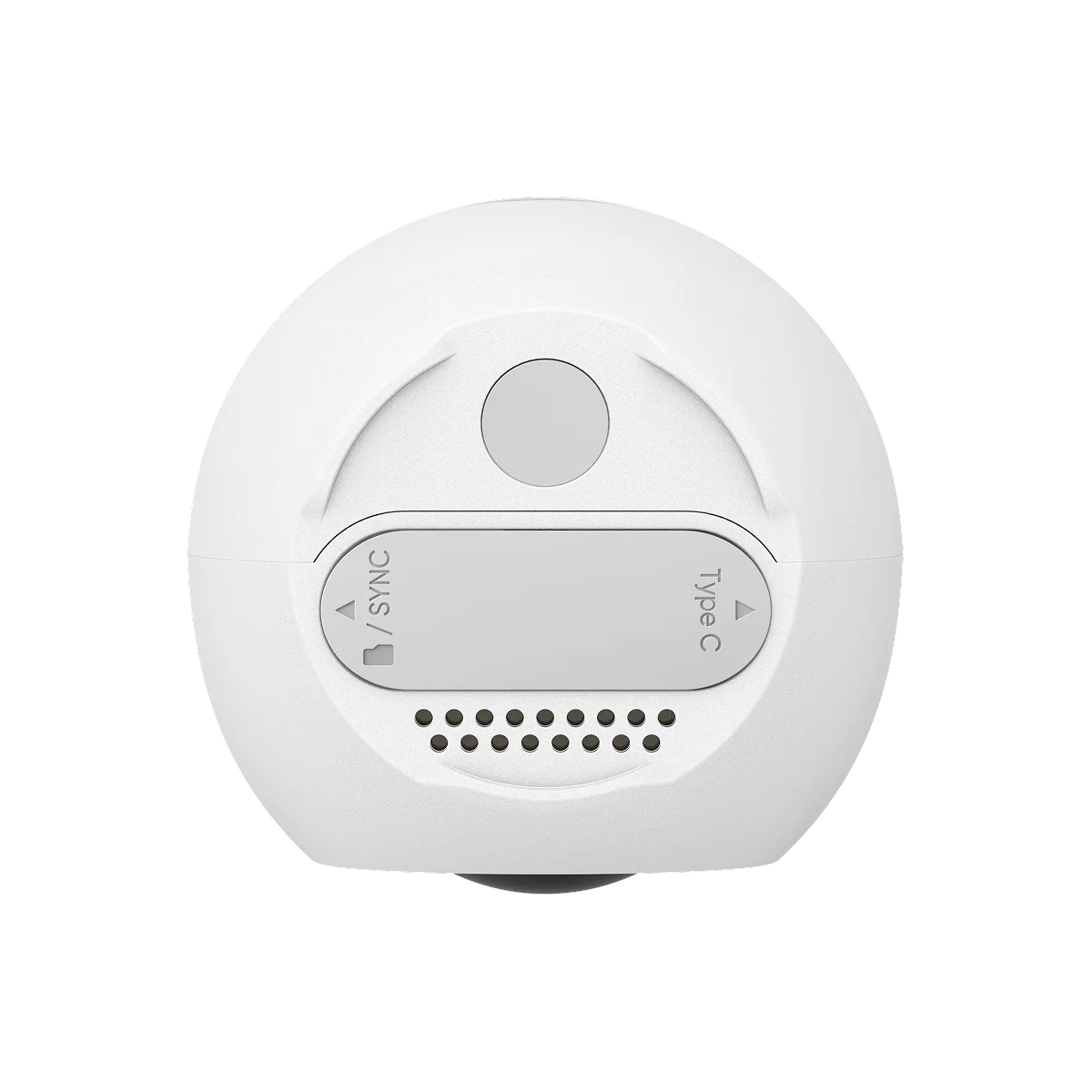 Bottom view of the white EufyCam C35 security camera showing sync and Type C ports and speaker holes.