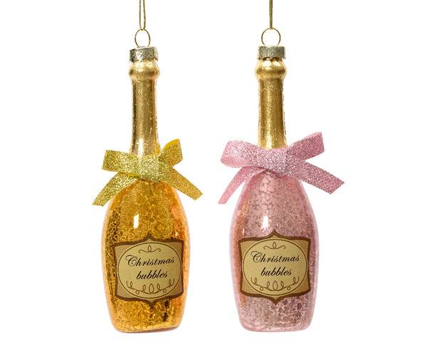 Christmas Bubbles Glass Bottle Hanging Decoration with Bow, Glittered, 4.5cm x 13.5cm, Pink or Gold – Keans Claremorris