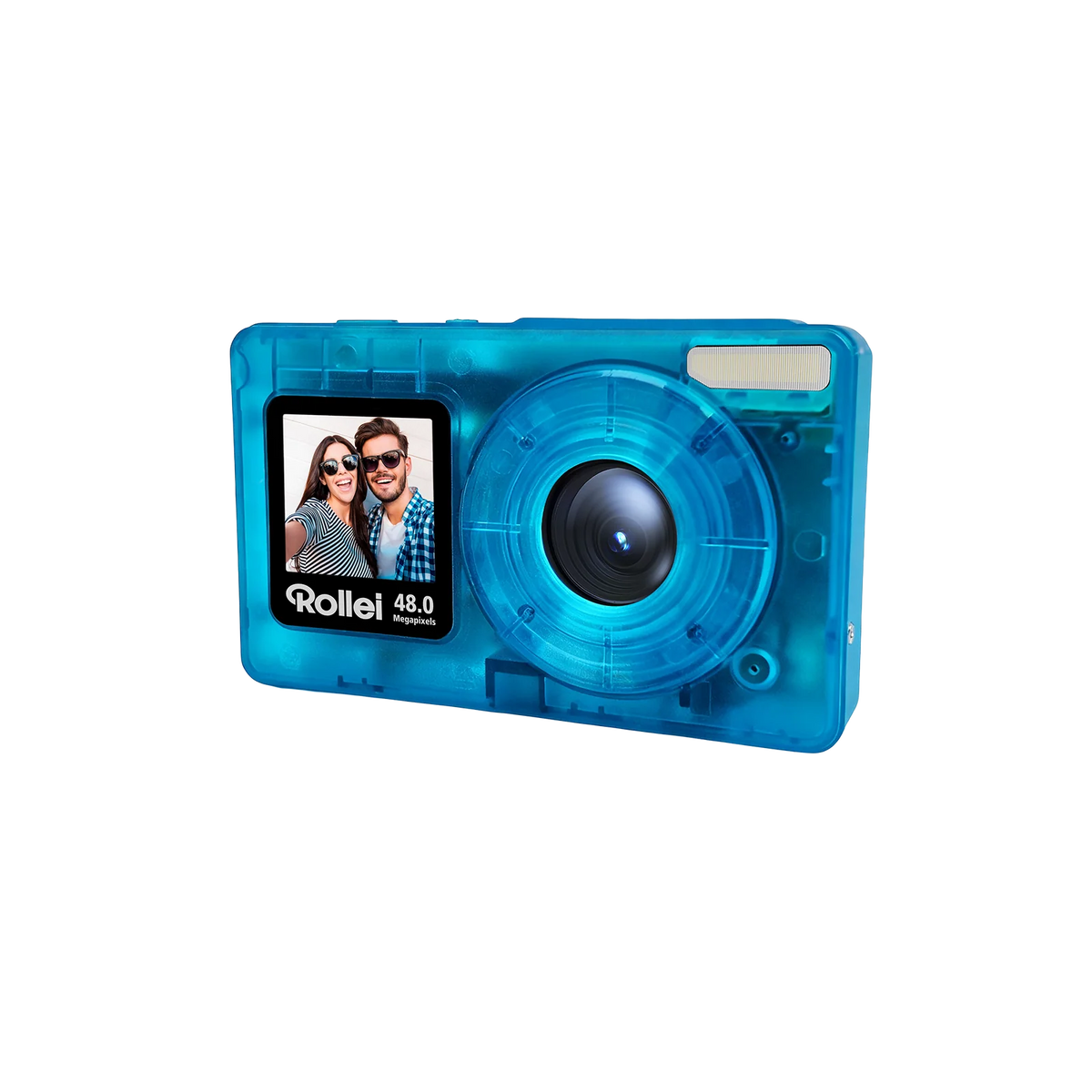 Rollei Compactline digital camera in transparent blue showing front with lens and selfie screen displaying a couple.