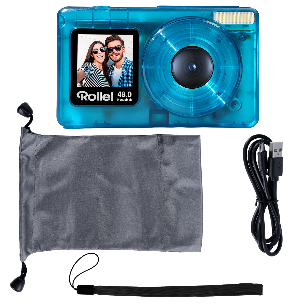 Rollei Compactline 48MP digital camera in transparent blue with screen, gray pouch, USB cable, and wrist strap.