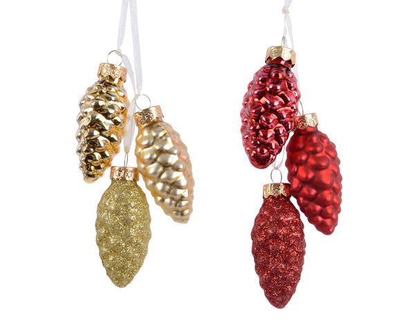 Pinecone hanging string of 3 glass ornaments, shiny, matt, glitter mix red or gold, 2.5x6cm – Keans Claremorris