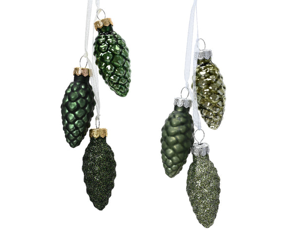 Green glass pinecones (3) on hanger, shiny and matte finish, 2.5cm dia x 6cm high, sold individually - Keans Claremorris