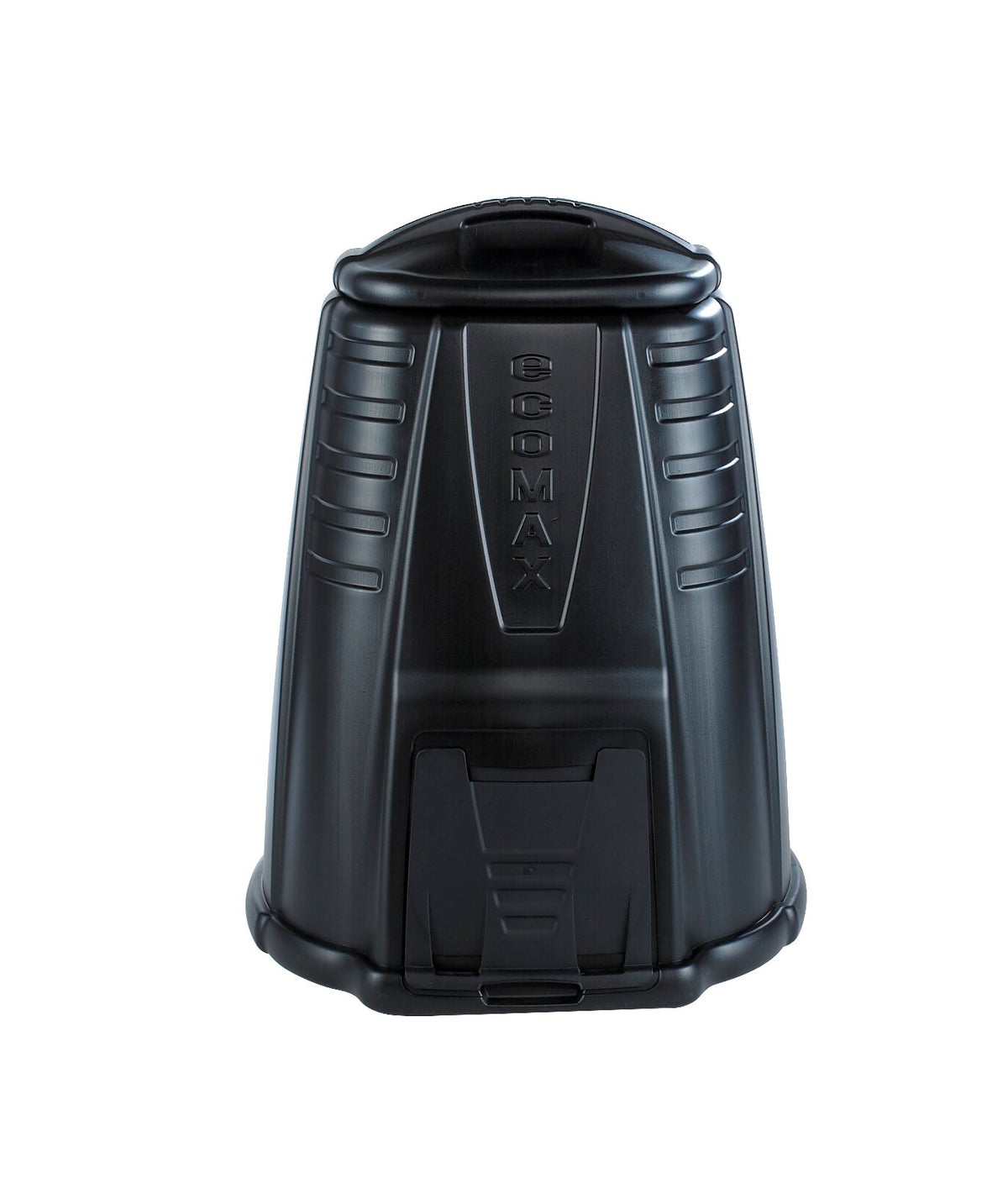 Black 220L compost bin with a rounded lid and hatch door at the base, labeled "ECOMAX