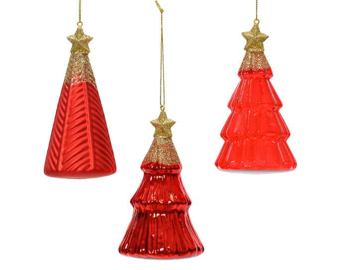 Red glass Christmas tree decoration with gold glitter star, 12.6cm hanging ornament, Keans Claremorris.