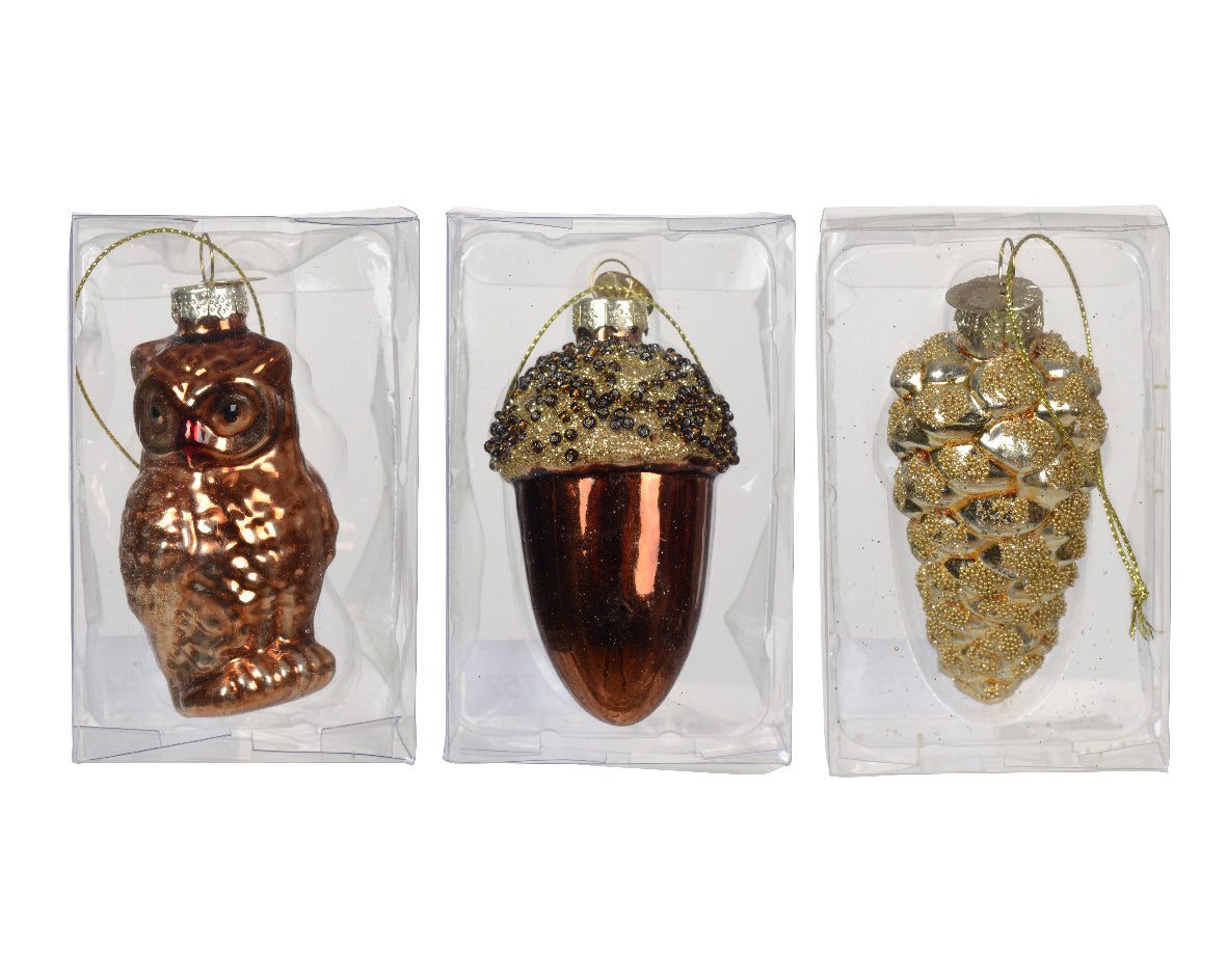 Glass glitter owl, acorn, or cone hanging ornament, 7cm, woodland décor, autumn sparkle – Keans Claremorris