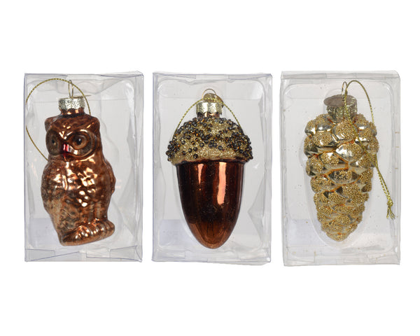 Glass glitter owl, acorn, or cone hanging ornament, 7cm, woodland décor, autumn sparkle – Keans Claremorris