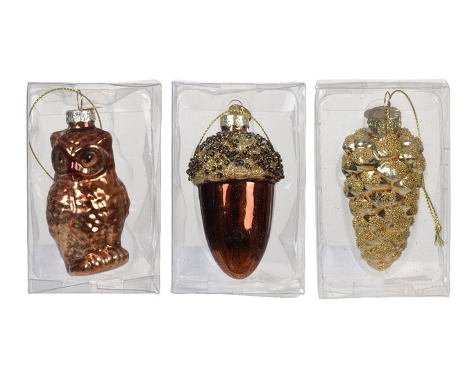 Glass glitter owl, acorn, or cone hanging ornament, 7cm, woodland décor, autumn sparkle – Keans Claremorris