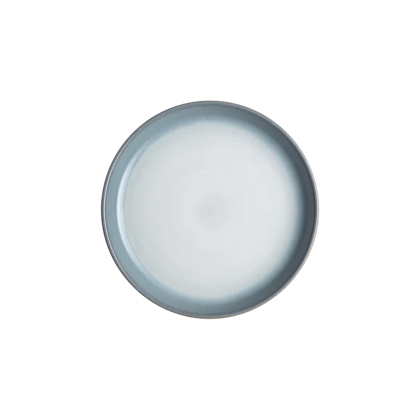 Denby Azure Haze 21cm Medium Coupe Plate with speckled blue glaze, oven-safe, handcrafted, available at Keans Claremorris.