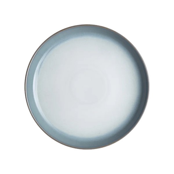 Denby Azure Haze 26cm coupe dinner plate with blue speckled glaze, durable stoneware, oven safe, at Keans Claremorris.