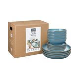 Denby Azure Haze 12 Piece Coupe Tableware Set with unique reactive glaze, durable stoneware, microwave and dishwasher safe –