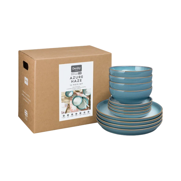 Denby Azure Haze 12 Piece Coupe Tableware Set with unique reactive glaze, durable stoneware, microwave and dishwasher safe –