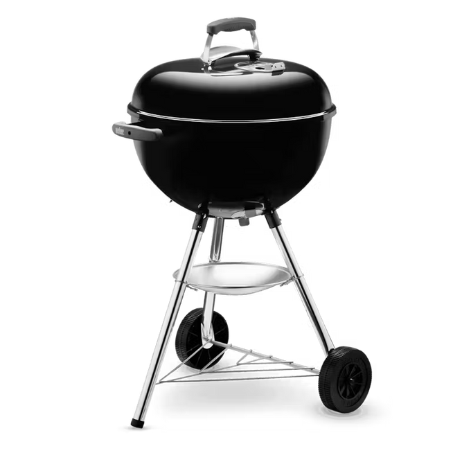 Weber Compact 47cm charcoal kettle BBQ with porcelain enamel, airflow control, ash catcher, wheels – available at Kean’s