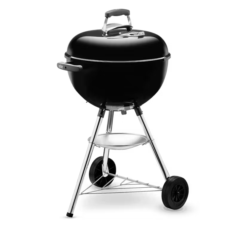 Weber Compact 47cm charcoal kettle BBQ with porcelain enamel, airflow control, ash catcher, wheels – available at Kean’s