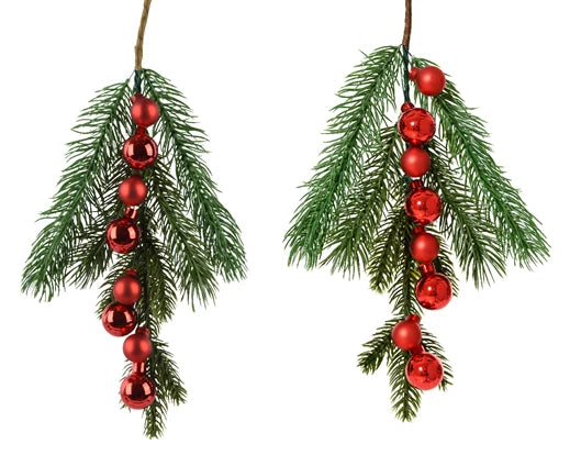 Decorative Red Bauble Branch – 8 Glass Baubles (2 Assorted Finishes) - Image 1
