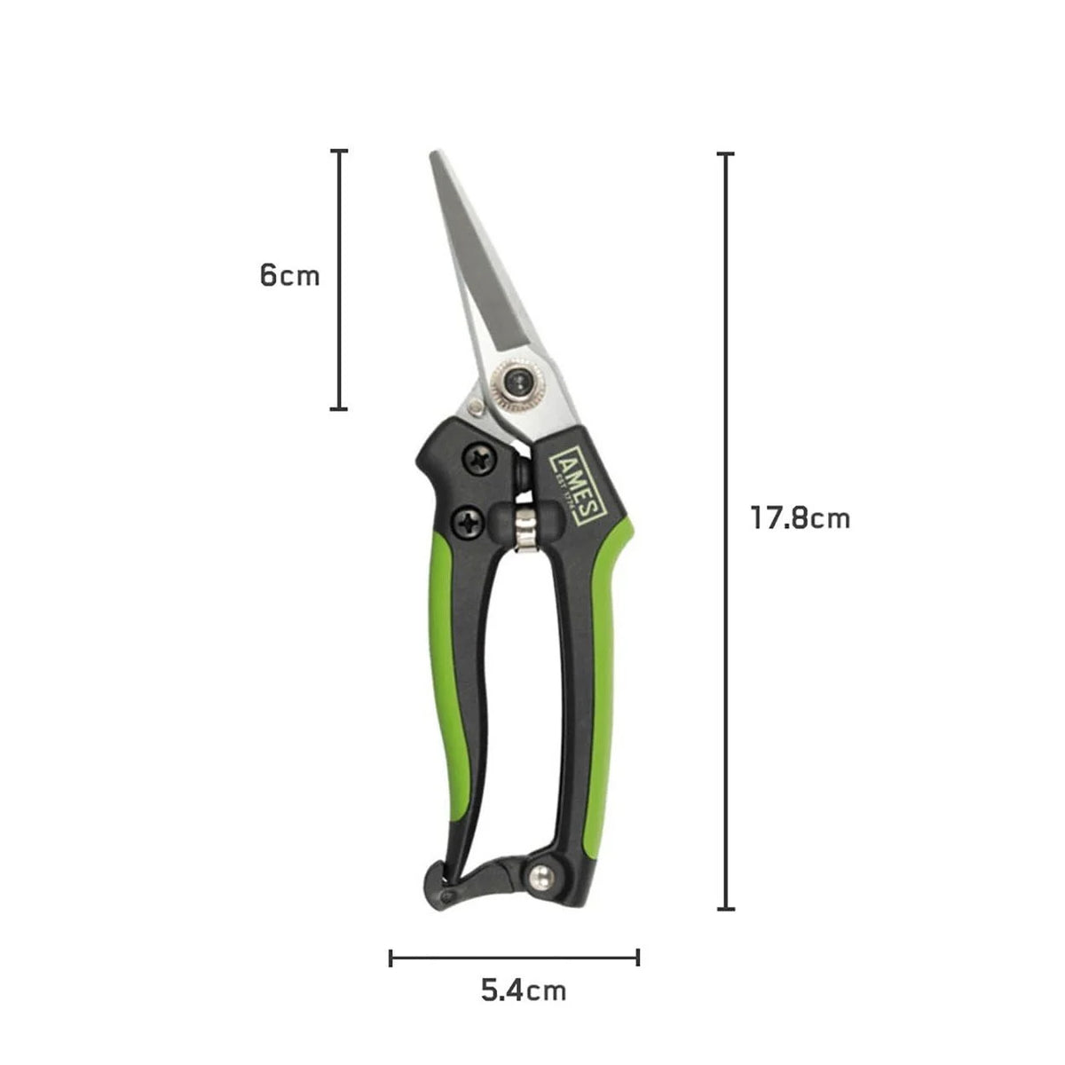 Ames Precision Snips with green and black handles, showing blade and tool dimensions.