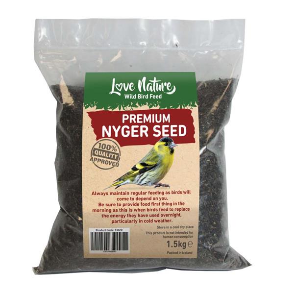 Love Nature Nyger Seed 1.5KG bag, 100% pure nutritious bird seed for year-round feeding, available at Keans Claremorris.