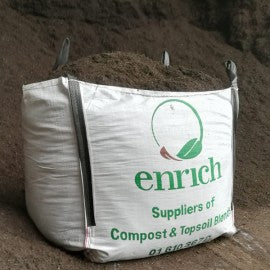 Bulk bag filled with Enrich screened topsoil, labeled for compost and topsoil blend suppliers.