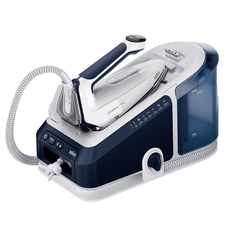 Braun CareStyle 7 Pro steam generator iron with ergonomic handle, digital controls, and 2L water tank in navy and white.