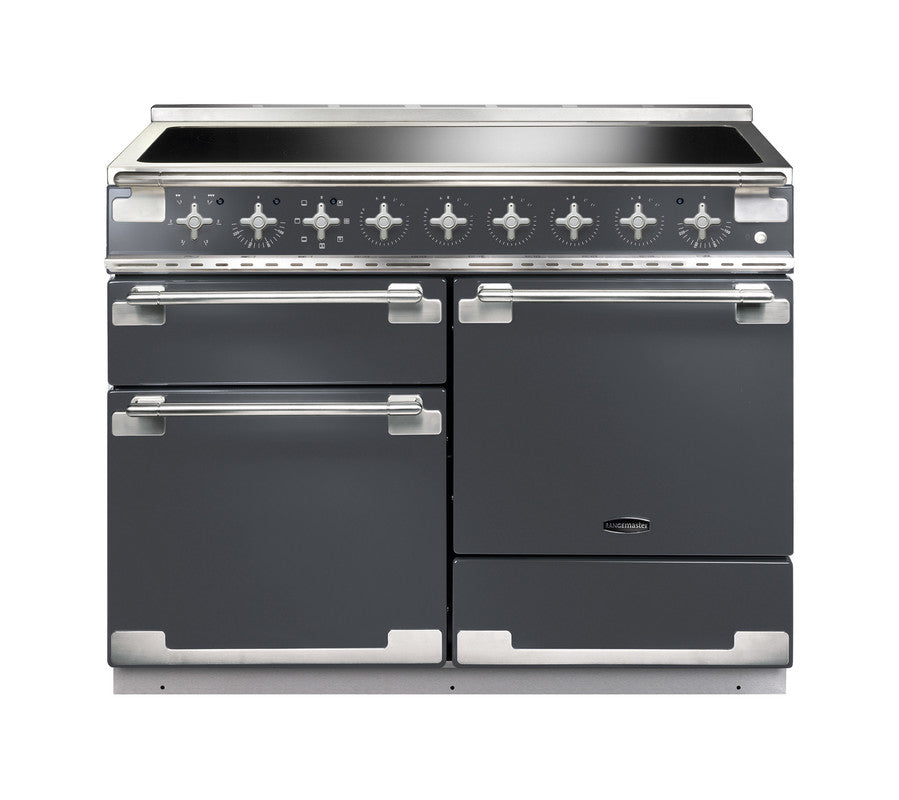 Rangemaster Elise 110 induction range cooker in dark grey with stainless steel handles and control knobs, front view.