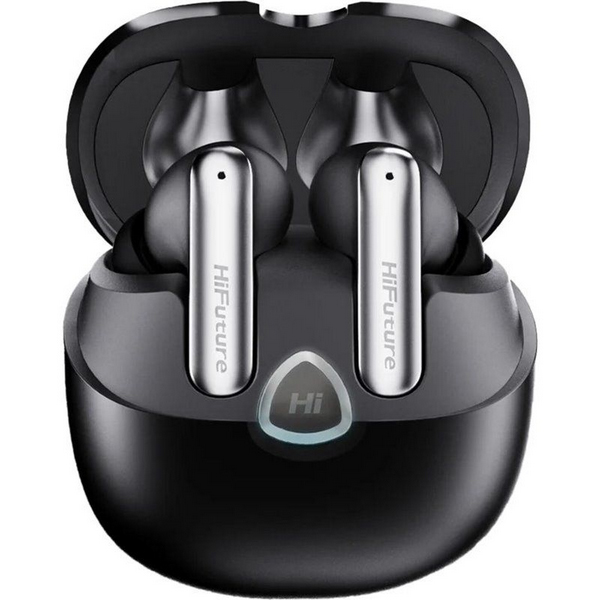 HiFuture Wireless Earbuds in black with silver stems, shown inside their open black charging case.