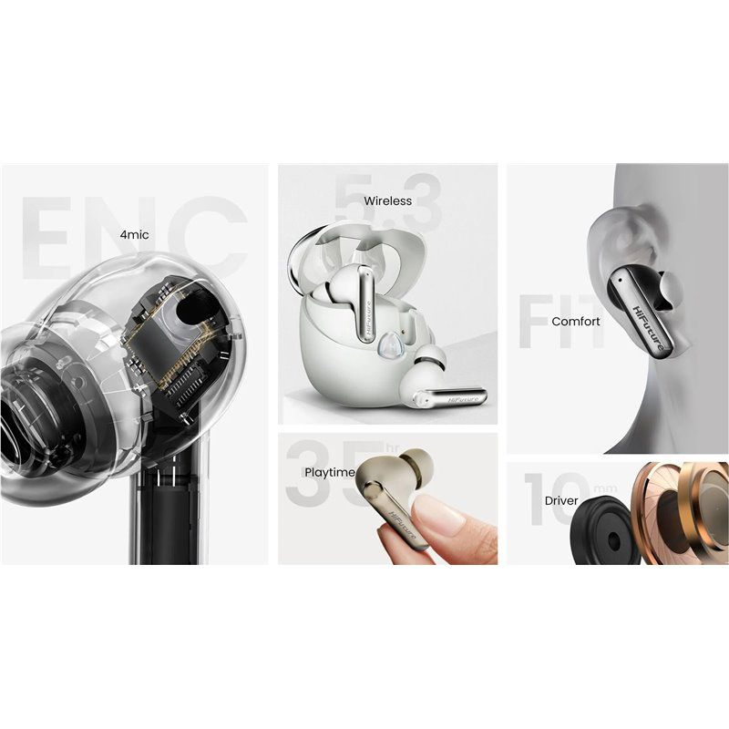 HiFuture Wireless Earbuds black shown with internal components, charging case, in-ear fit, and gold color option held in