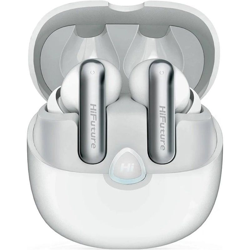 HiFuture Wireless Earbuds in white with silver stems inside an open white charging case.